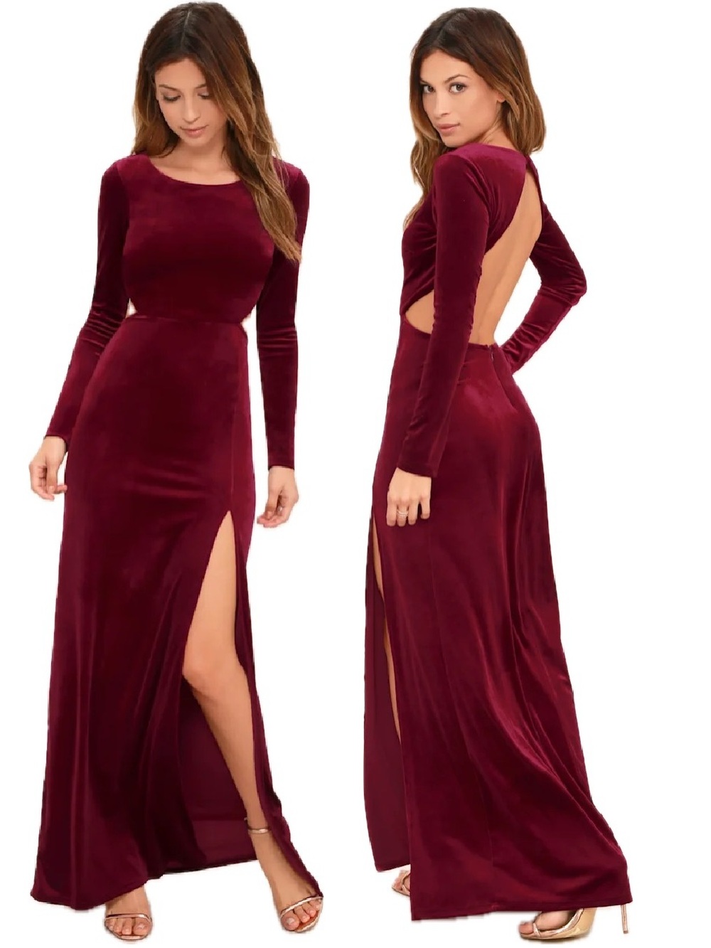 Lulu’s Besame Burgundy Velvet Long Sleeve Maxi Dress Size Medium